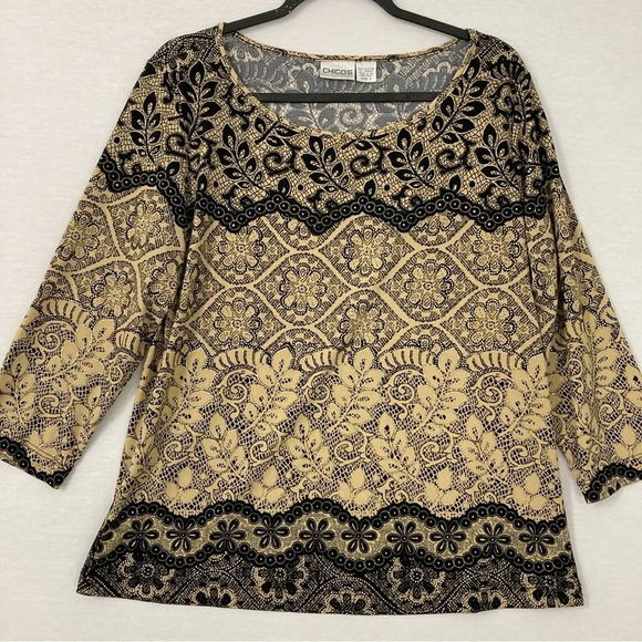 Chico's Brown Black Floral Soft Stretch Round Neck Top size Large 2 - Picture 1 of 8